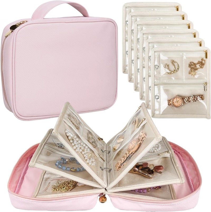 LingLingo Travel Jewelry Organizer Case,Small Jewelry Bags Jewelry Storage Book Binder with Clear Zipper Velvet Pouch for Traveling,Earrings, Rings, Necklace, Bracelet (Pink) - Image 1